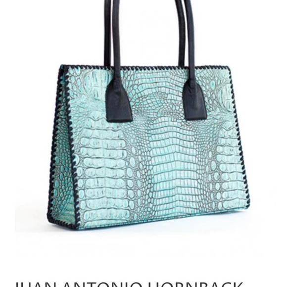 Elegant Crocodile-Embossed Teal and Black Tote - Picture 5 of 9